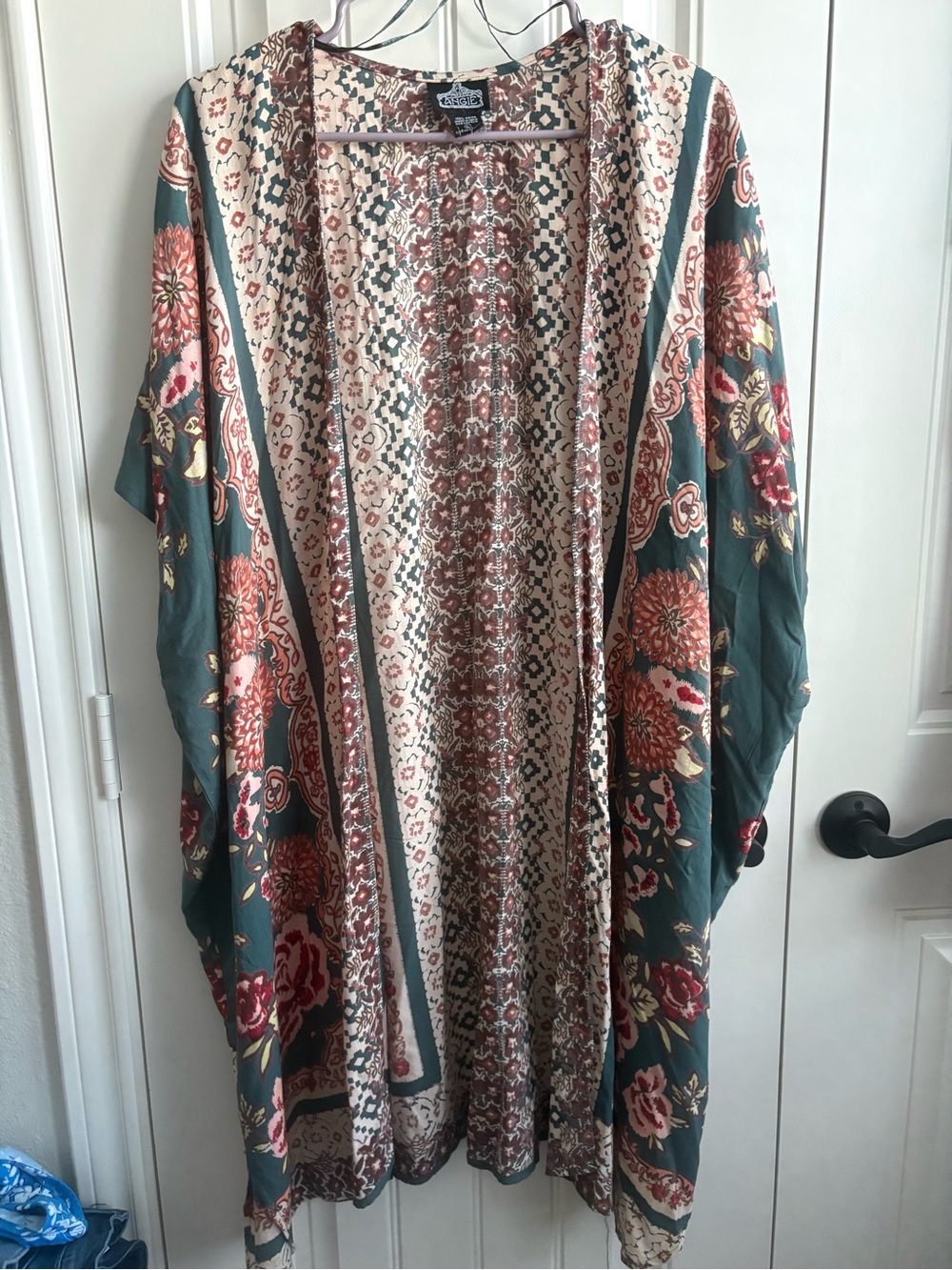 Angie Printed Open-Front Kimono in Teal, Rust and Cream - Picture 2 of 4